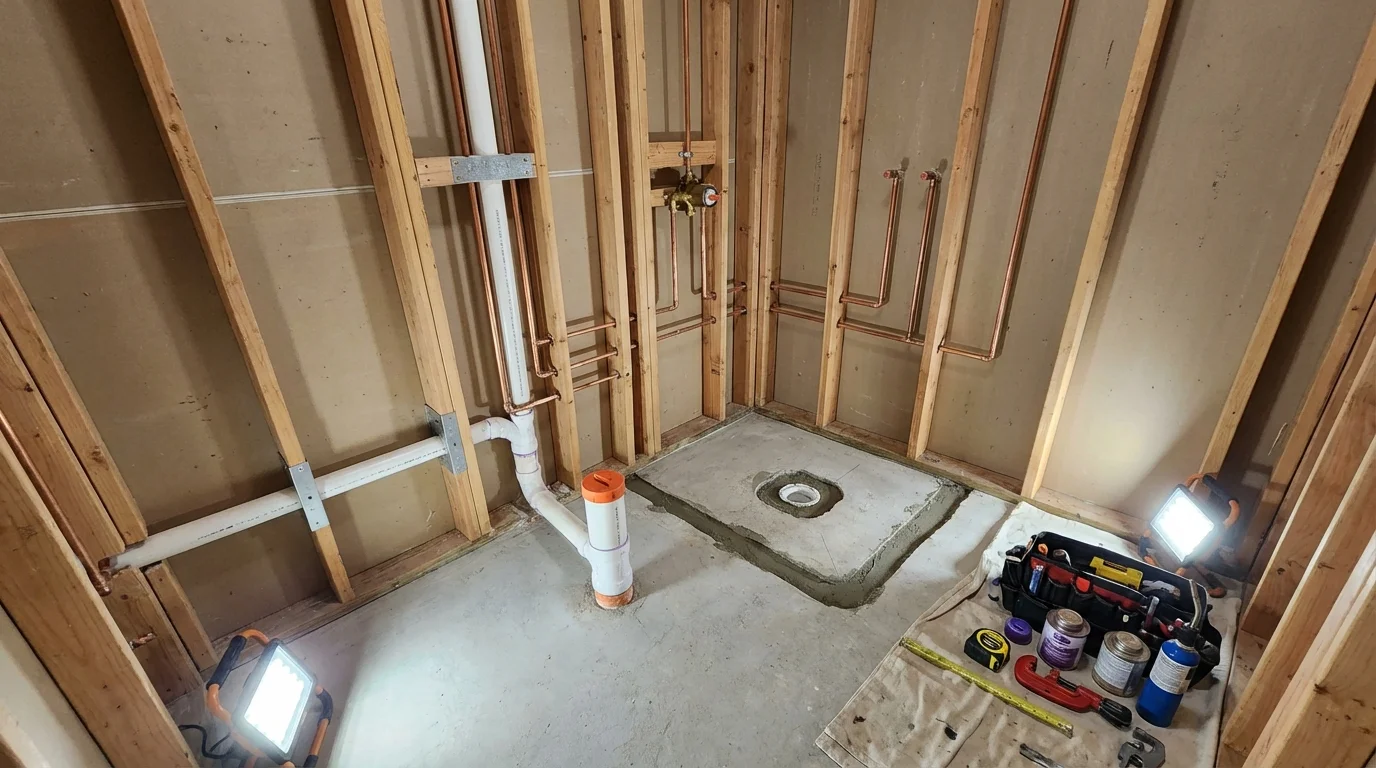 Bathroom rough-in plumbing during remodel by Johns Plumbing LLC in Boulder Creek