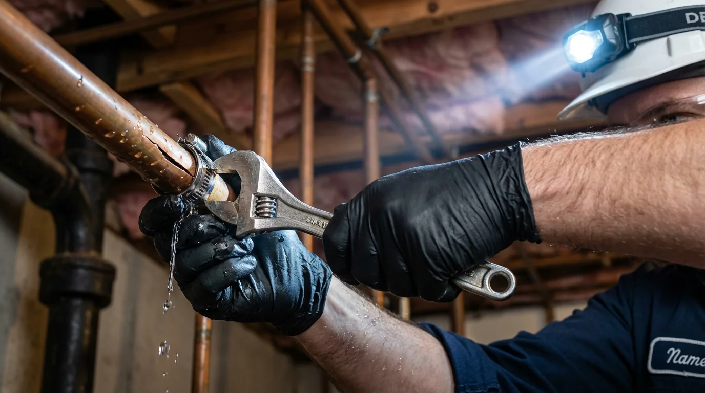 Emergency pipe clamp repair being performed by a Johns Plumbing LLC plumber in Boulder Creek
