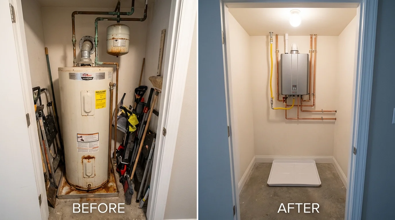 Tank water heater versus wall-mounted tankless unit comparison for Boulder Creek, CA homeowners