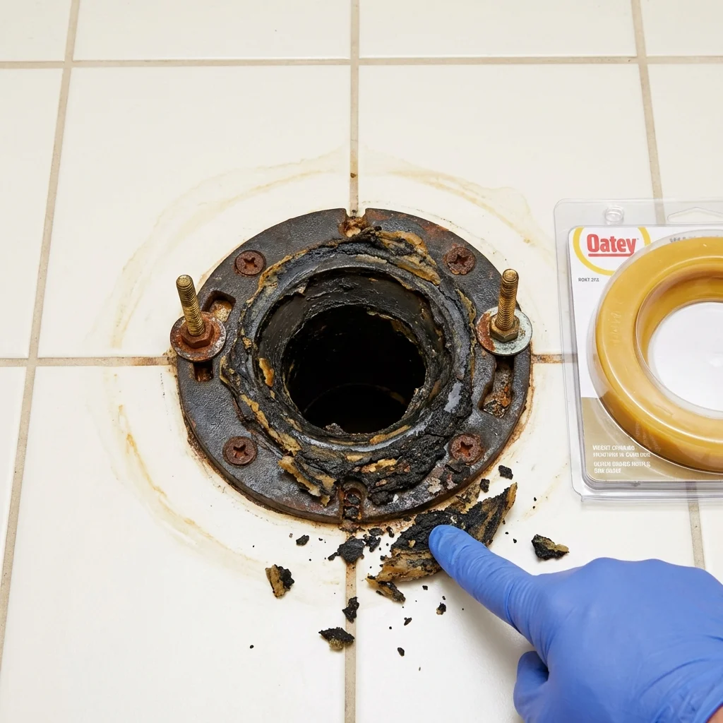 Failed wax ring showing water seepage at the base of a toilet in a Boulder Creek, CA home