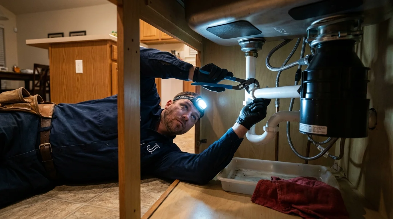 P-trap and supply line connections under a kitchen sink showing a common leak point in Boulder Creek, CA